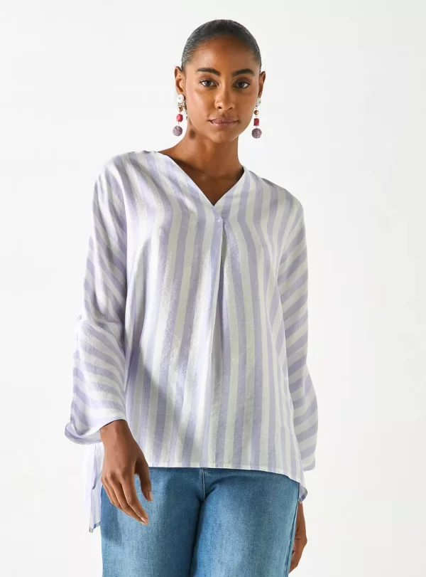 Striped High-Low Top with V-neck and Long Sleeves