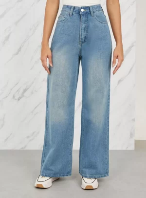 Styli Stone Wash High Rise Wide Leg Jeans