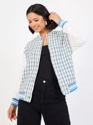 Styli Oversized Fit Regular Length Tweed Bomber Jacket