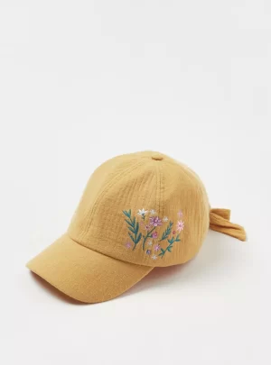 Juniors Floral Embroidered Cap with Bow Detail