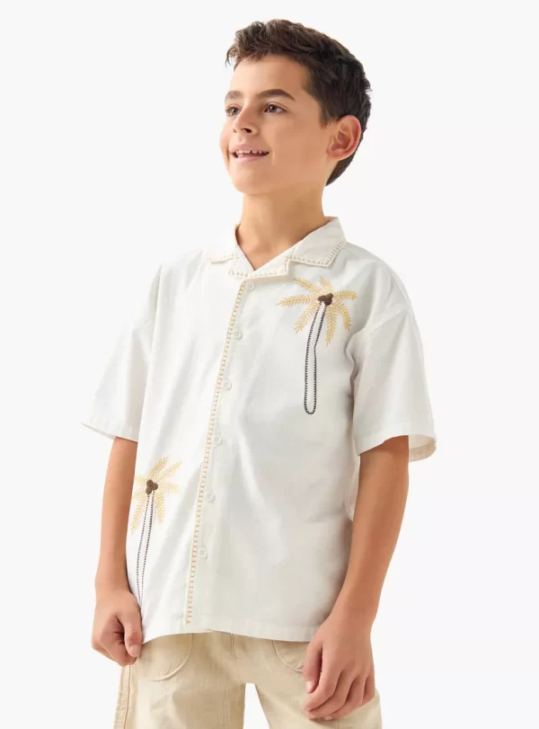 Embroidered Shirt with Camp Collar and Short Sleeves